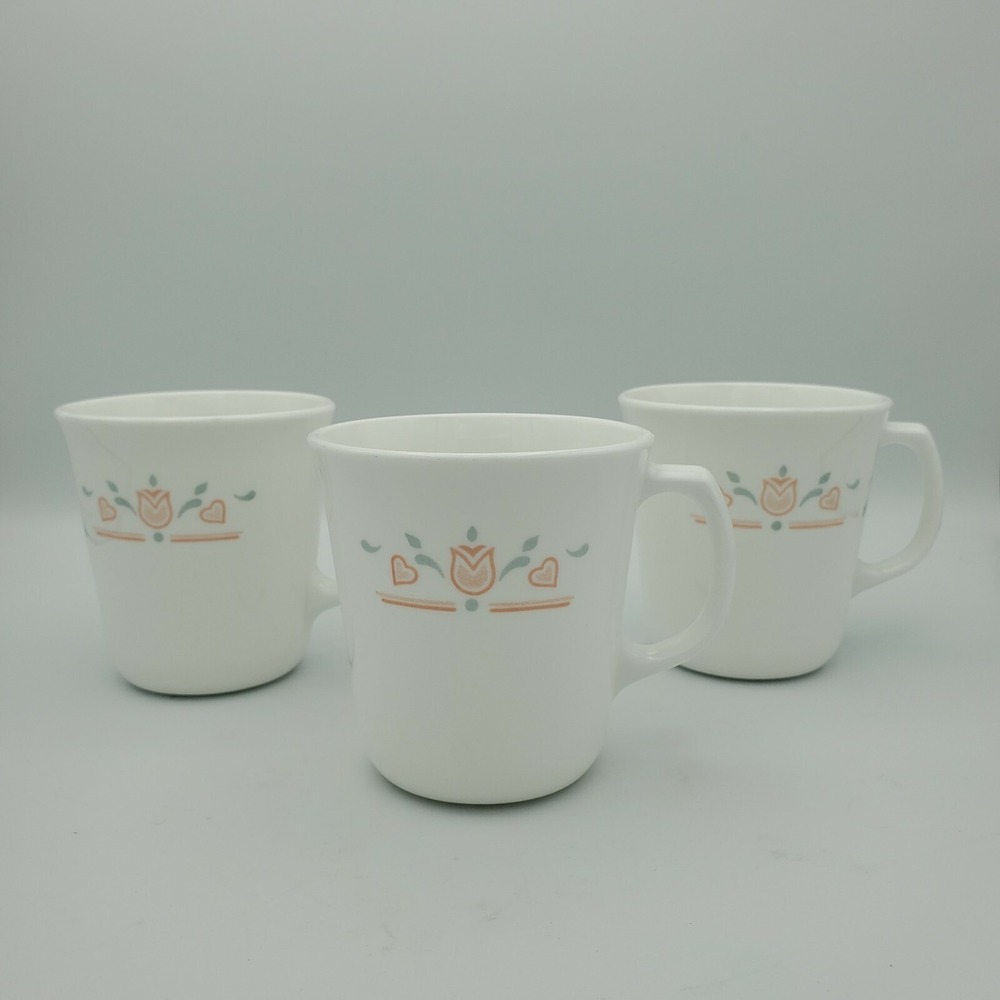 3 MCM Corning Dutch Lattice Coffee‎ Mug Vintage Teacup Peach Tulip Heart USA